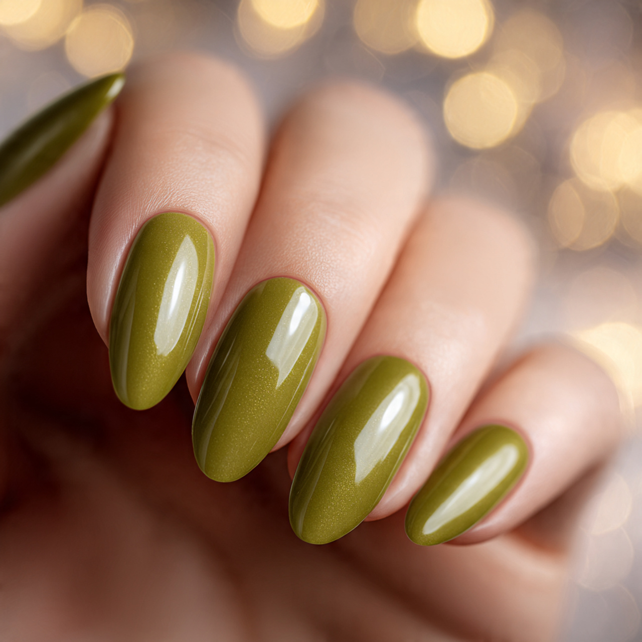 Glossy Olive Green Nails