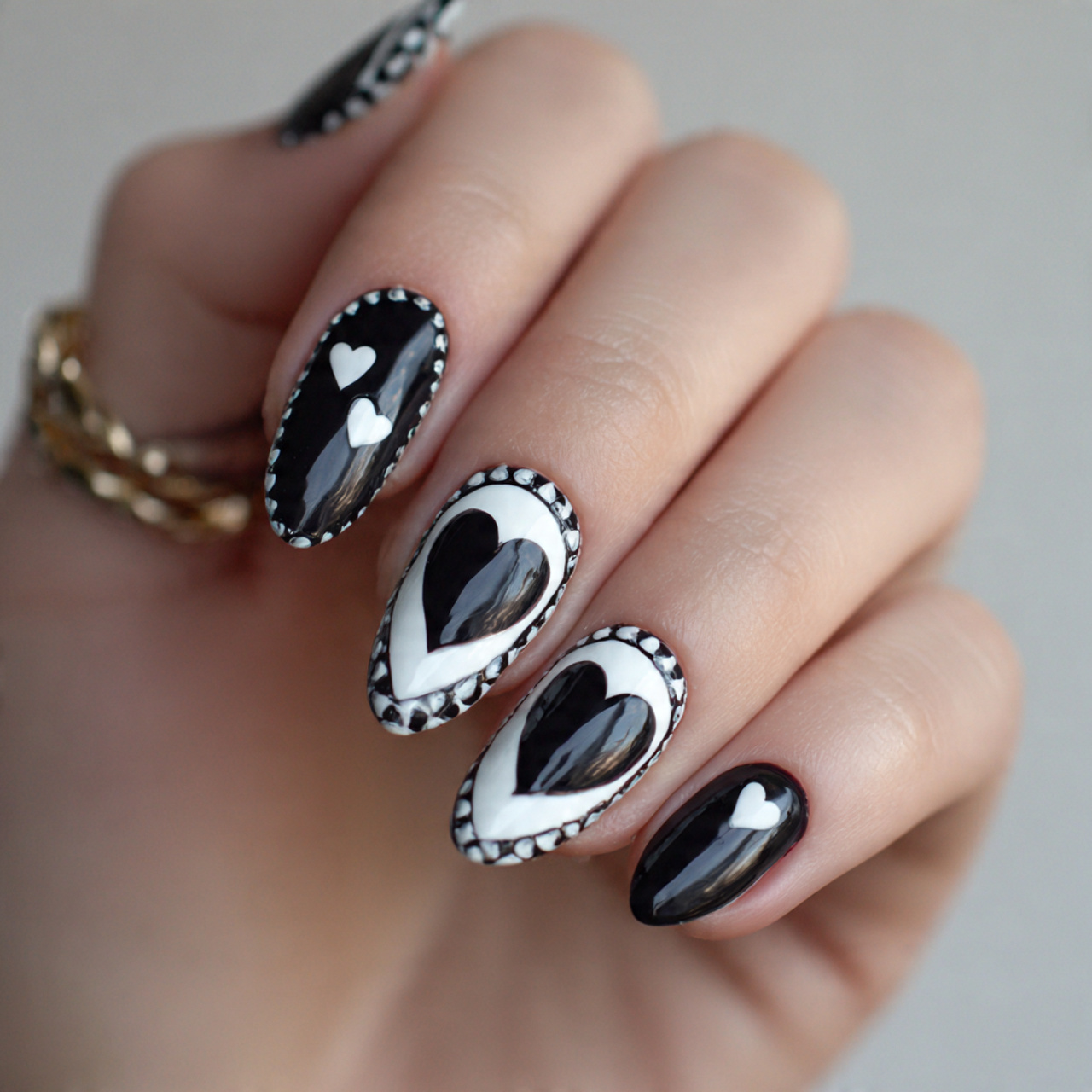 Heart Design Black And White Nails