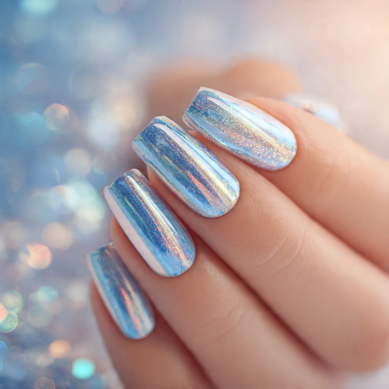 Holographic Blue And White Nails