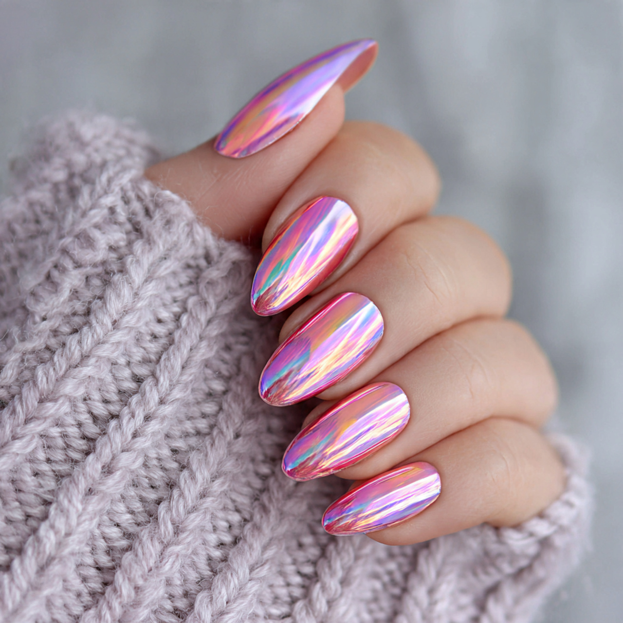 Holographic Pink Chrome Nails