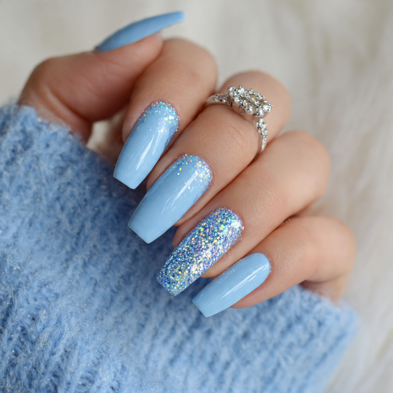 Light Blue Nails with Glitter