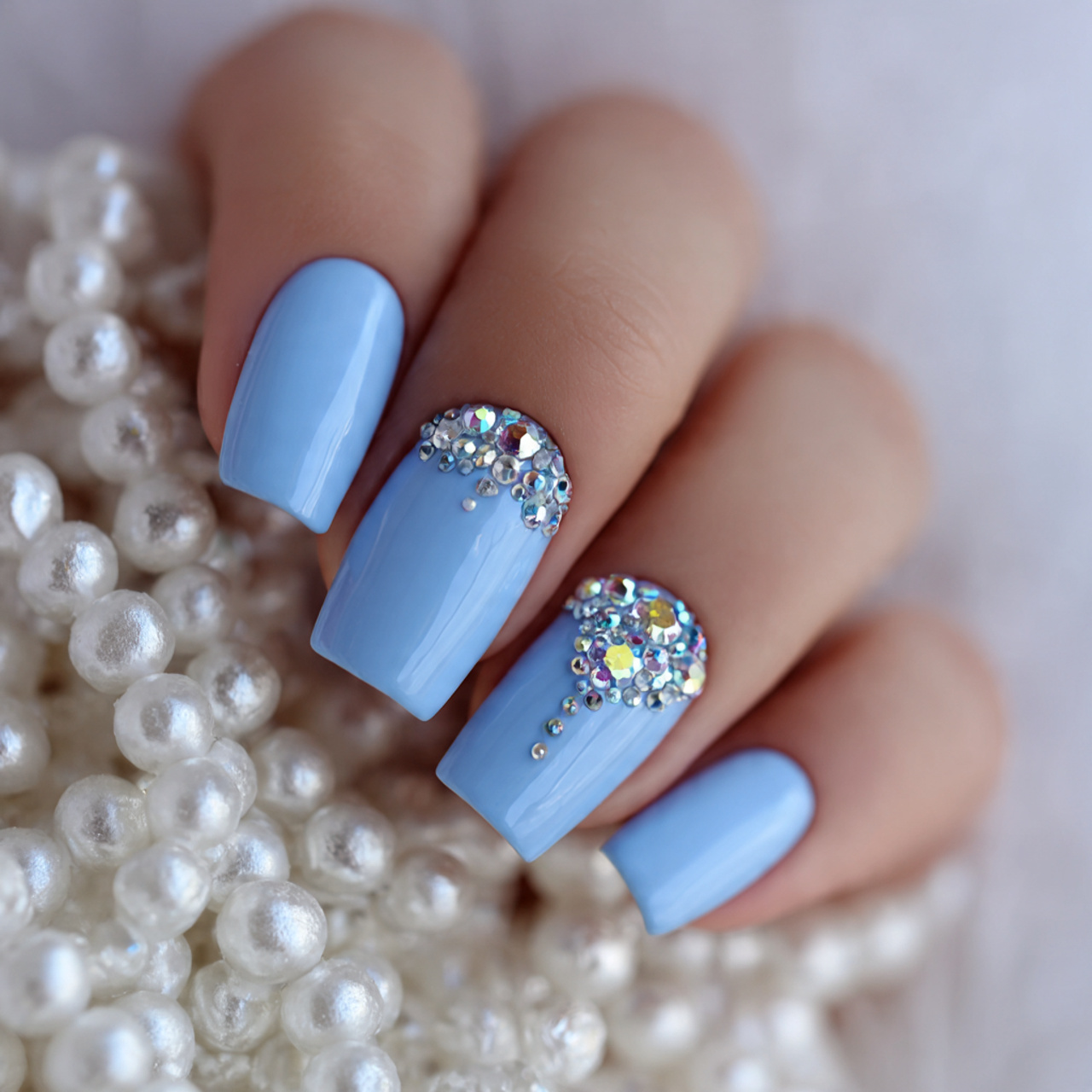 Light Blue Nails with Rhinestones