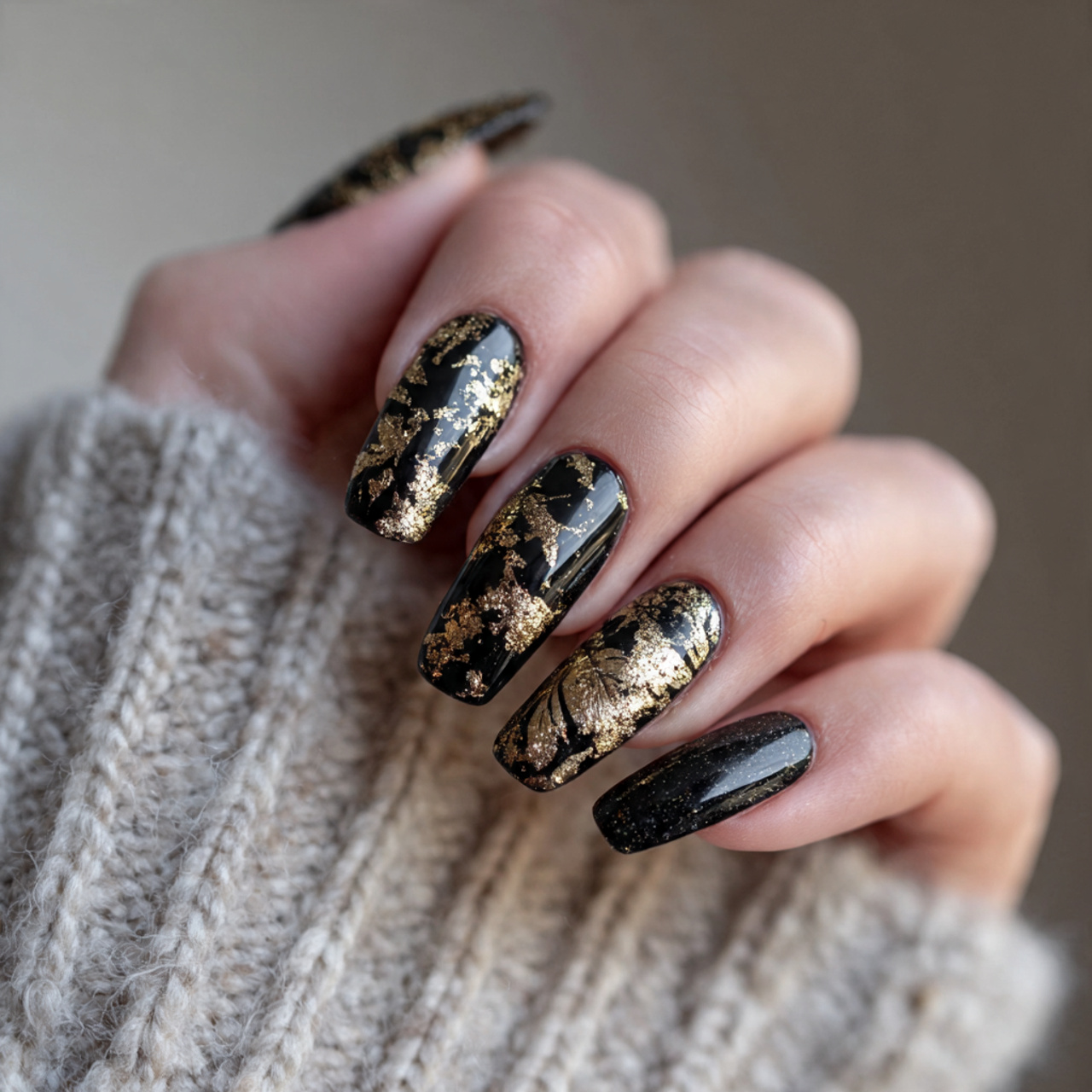Long Black And Gold Nails