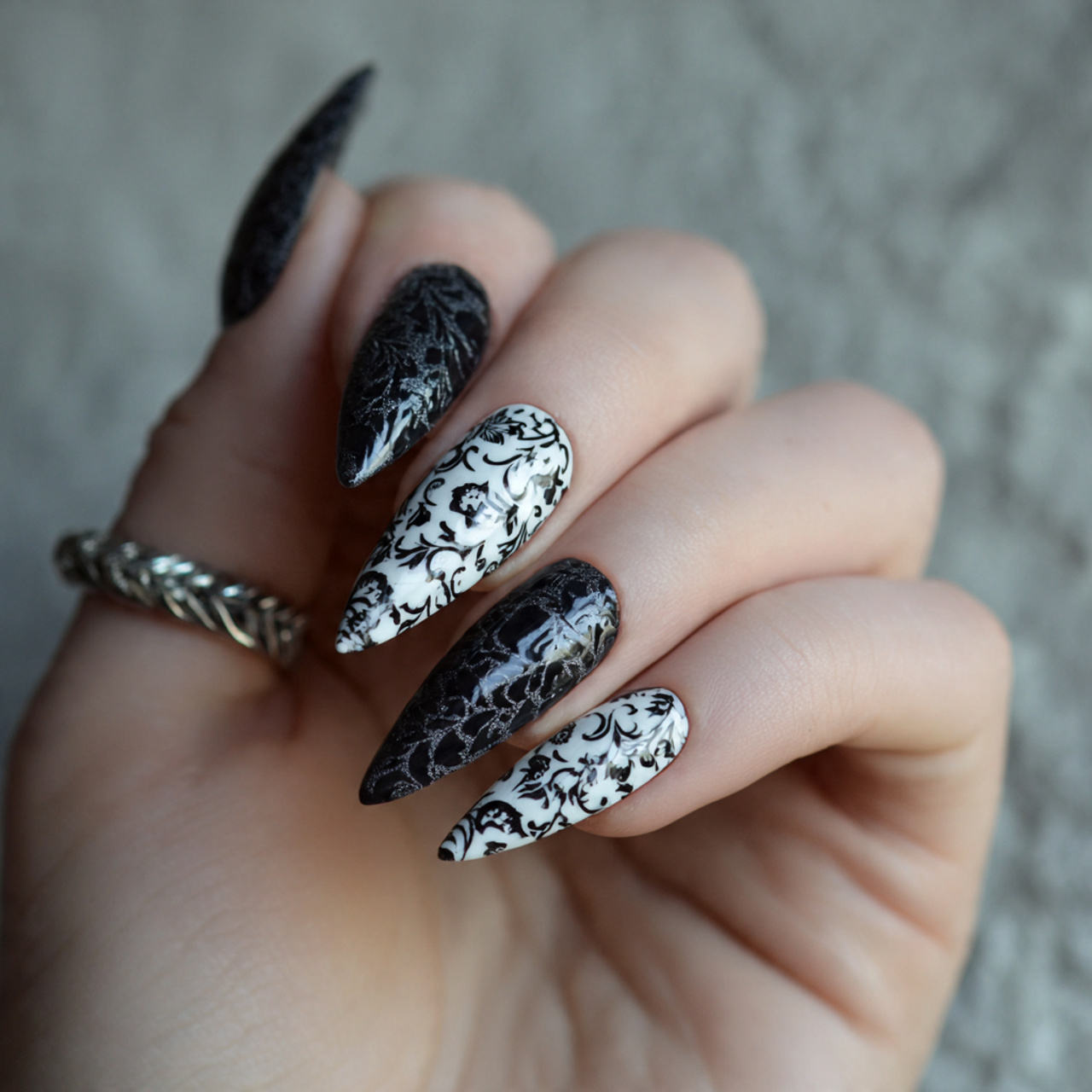 Long Black And White Nails
