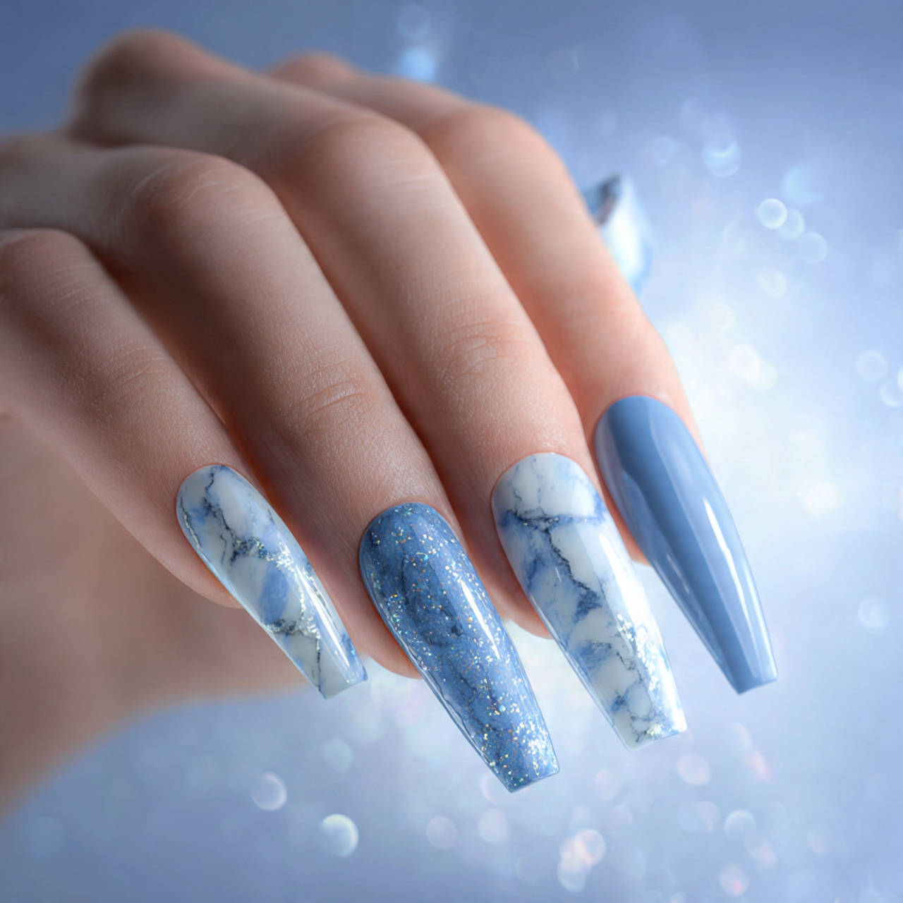 Long Blue And White Nails