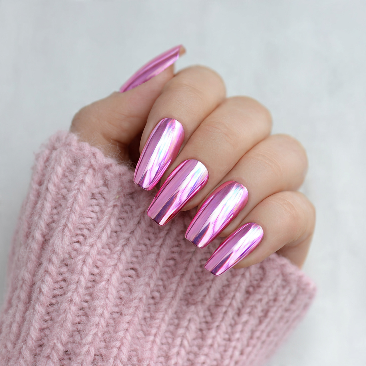 Long Pink Chrome Nails