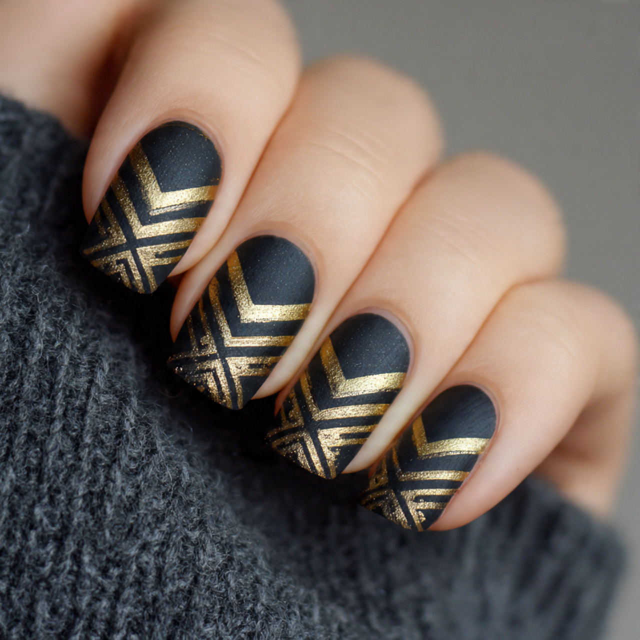 Matte Black And Gold Nails