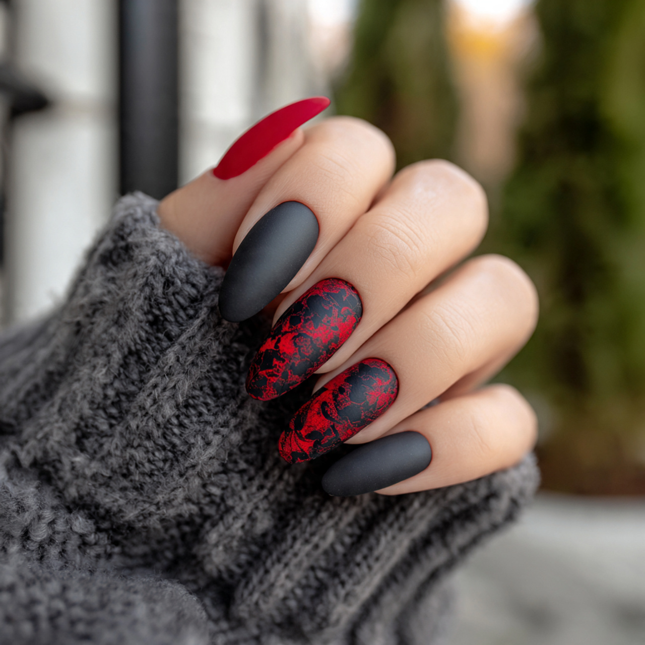 Matte Black And Red Nails