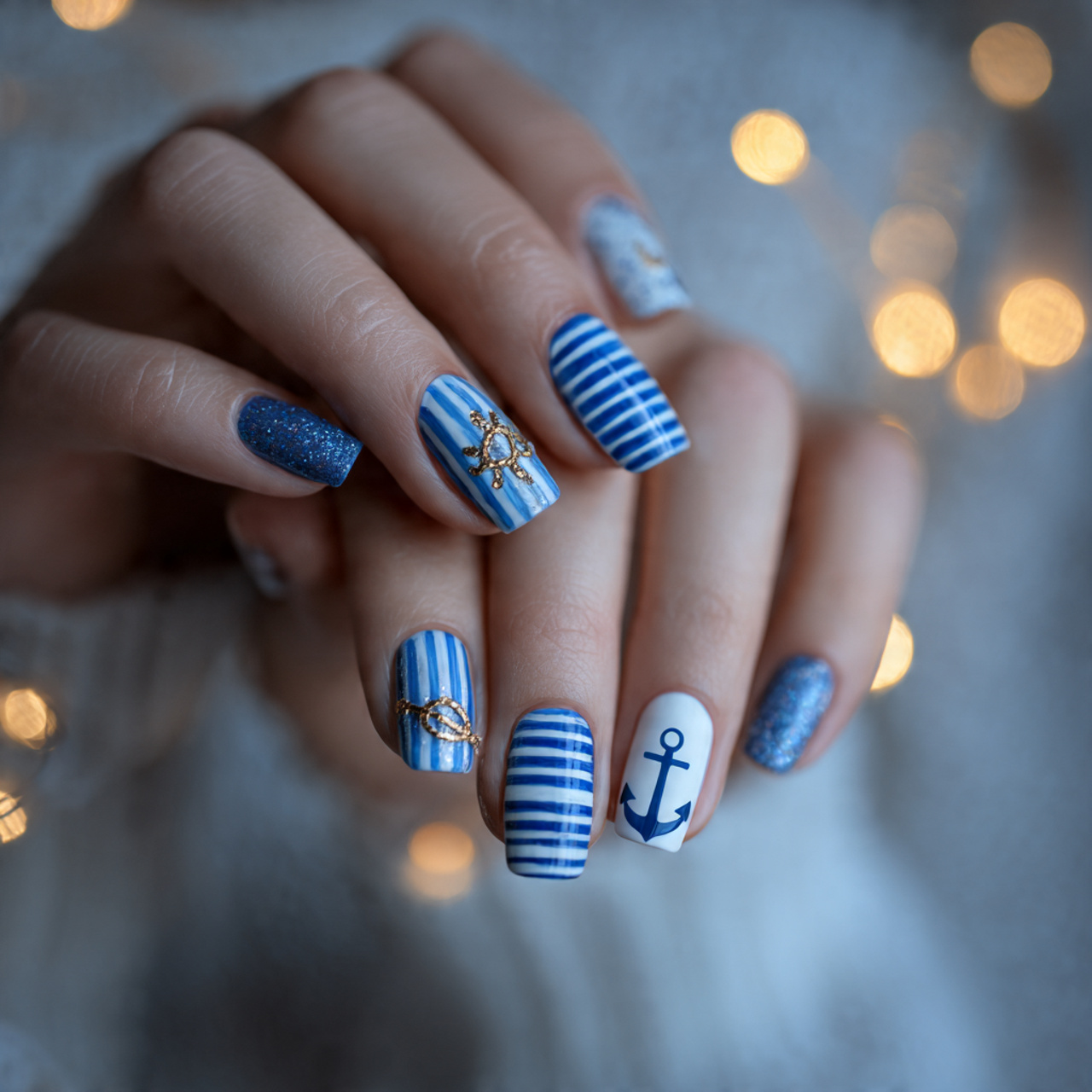 Nautical Blue And White Nails