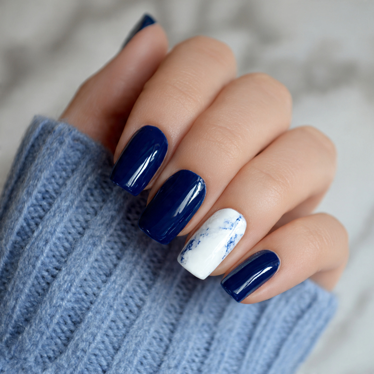 Navy Blue And White Nails