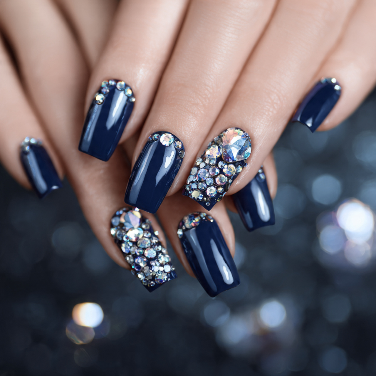 Navy Blue Nails: 18 Chic Designs You’ll Want to Try Now 15 Navy Blue Nails with Rhinestones
