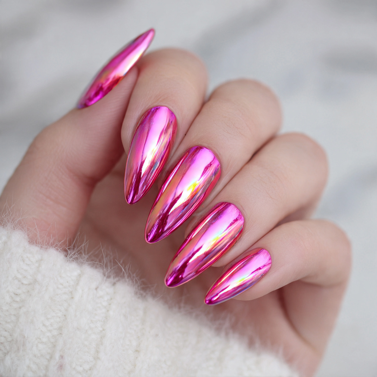 Neon Pink Chrome Nails