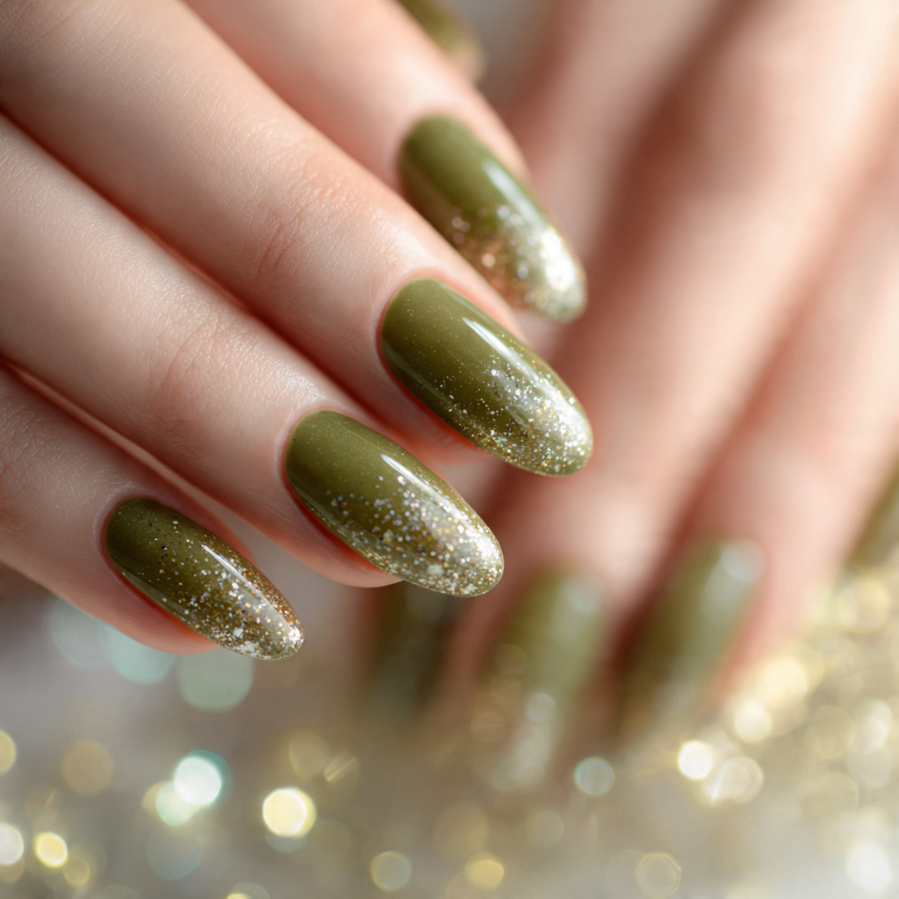 Olive Green Nails with Glitter