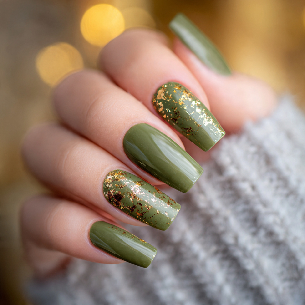 Olive Green Nails with Gold