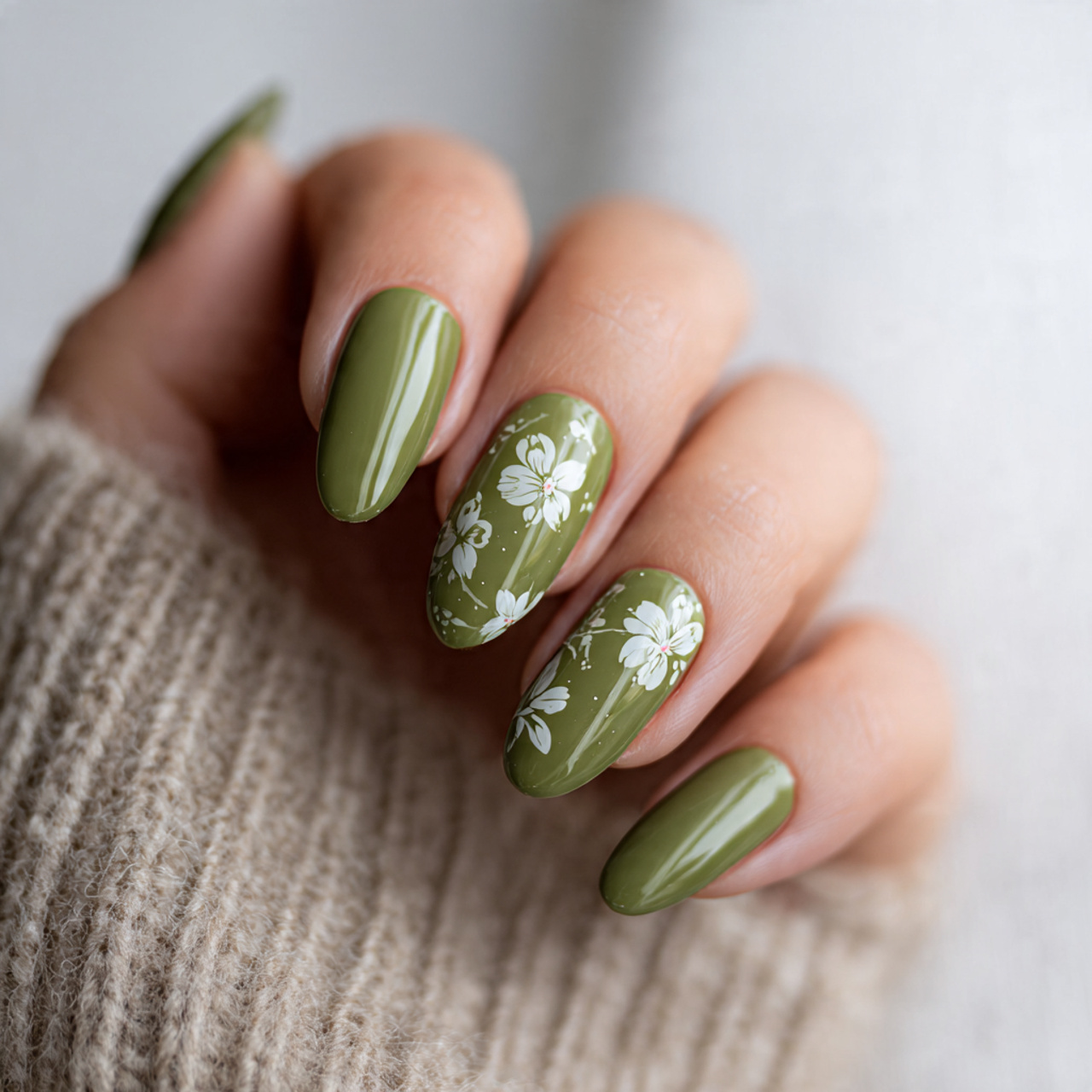 Olive Green Nails with White