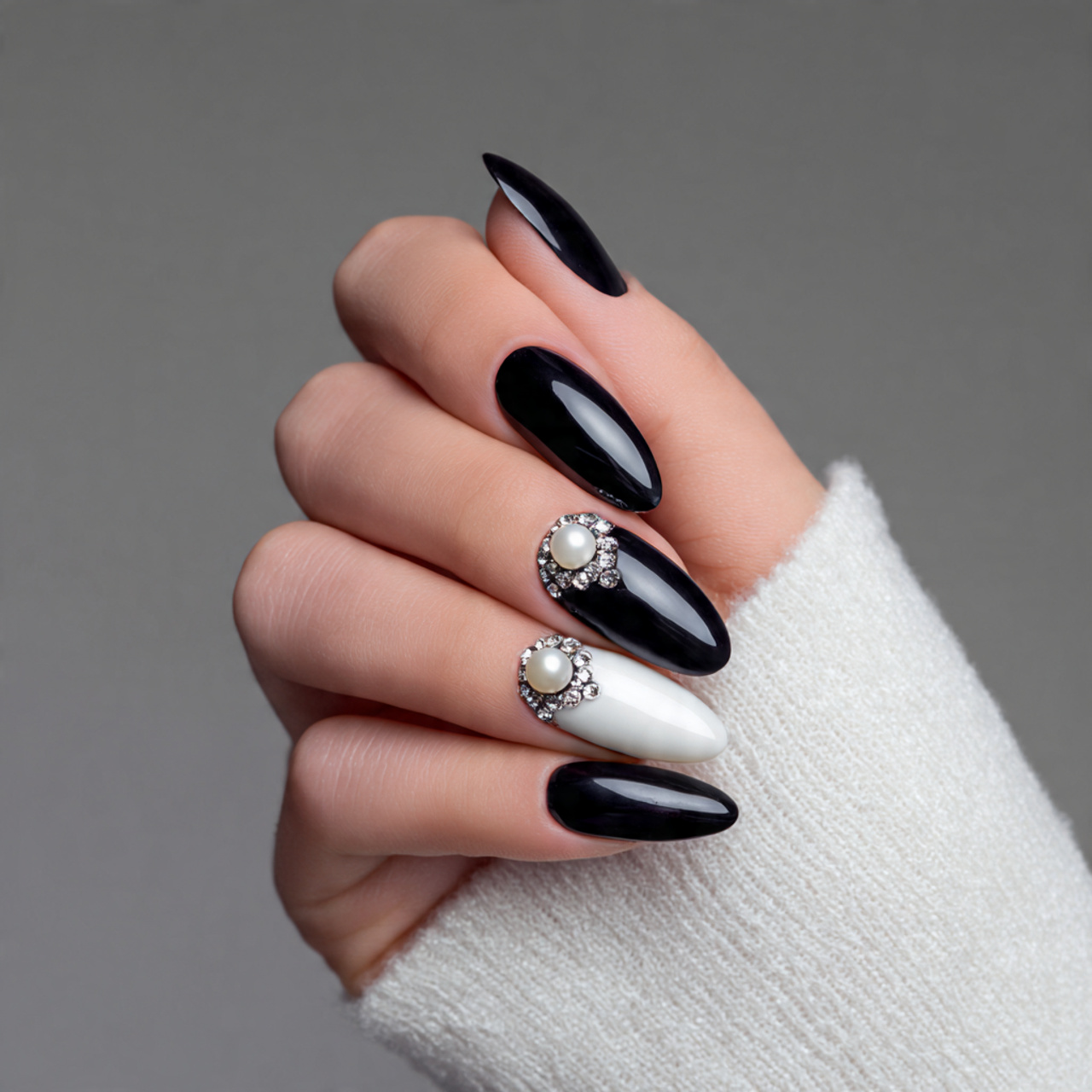 Pearl Accent Black And White Nails