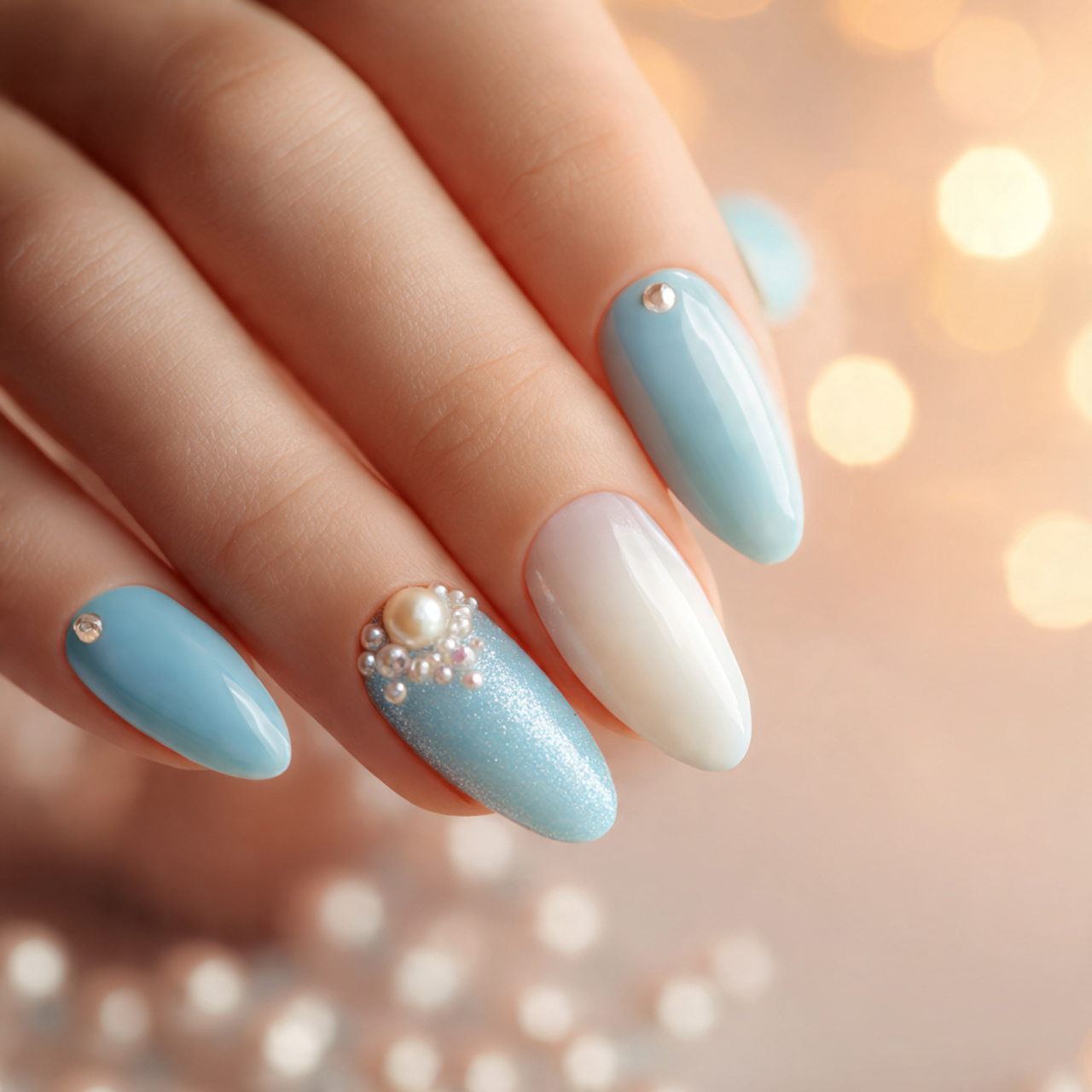 Pearl Accented Blue And White Nails