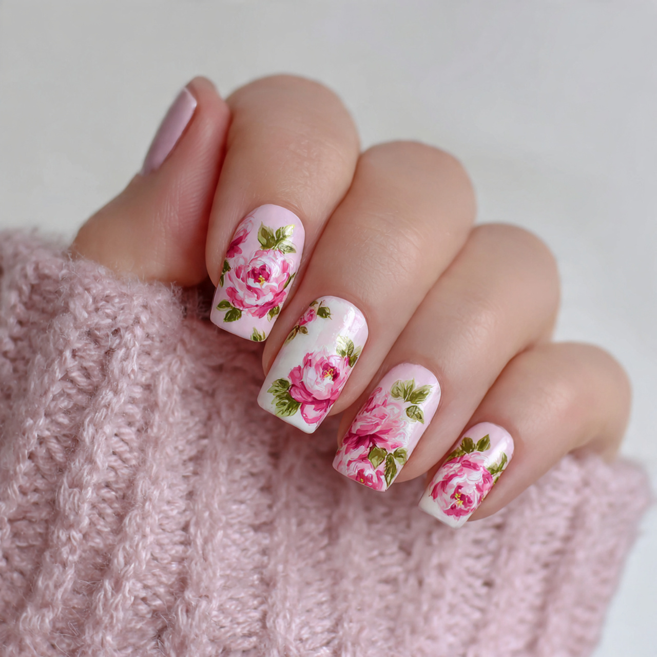 Pink And White Floral Nails