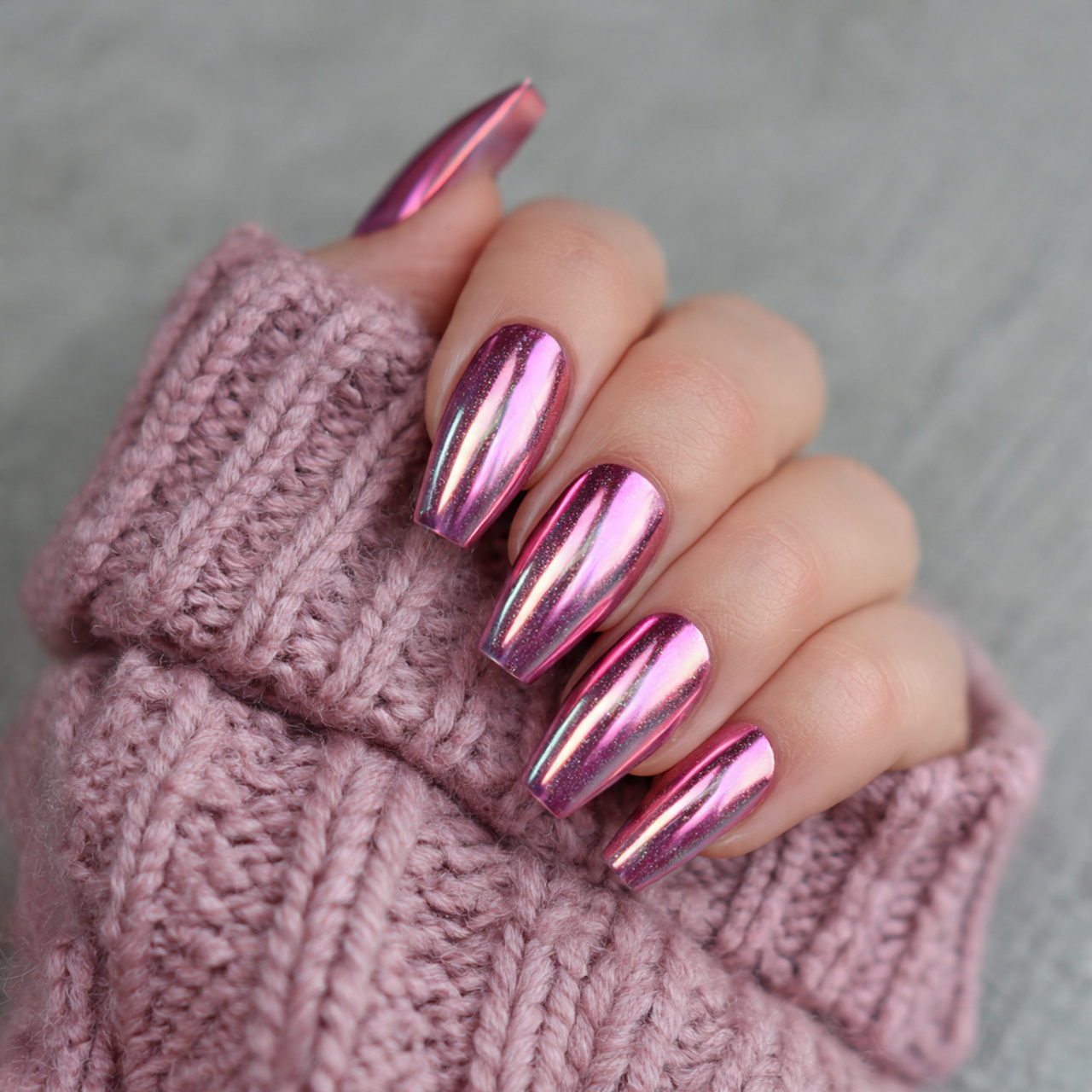 Pink Chrome Coffin Ombre Nails