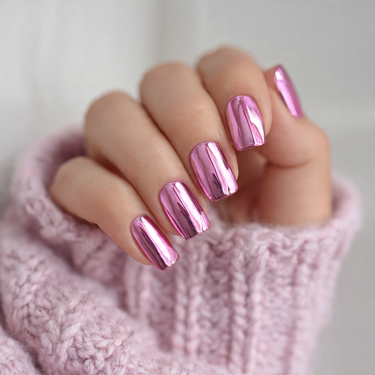 Pink Chrome Short Square Nails
