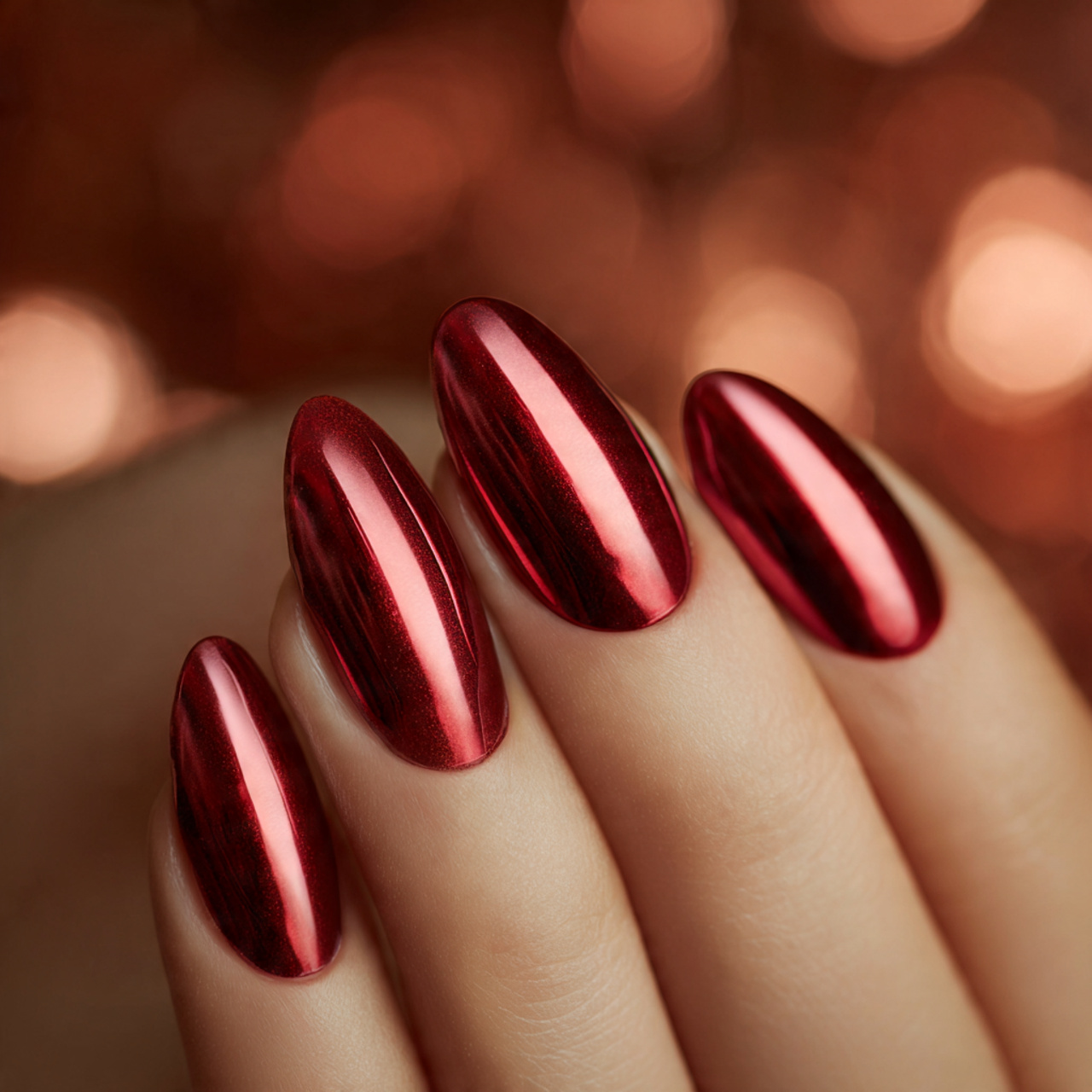 Red Almond Chrome Nails