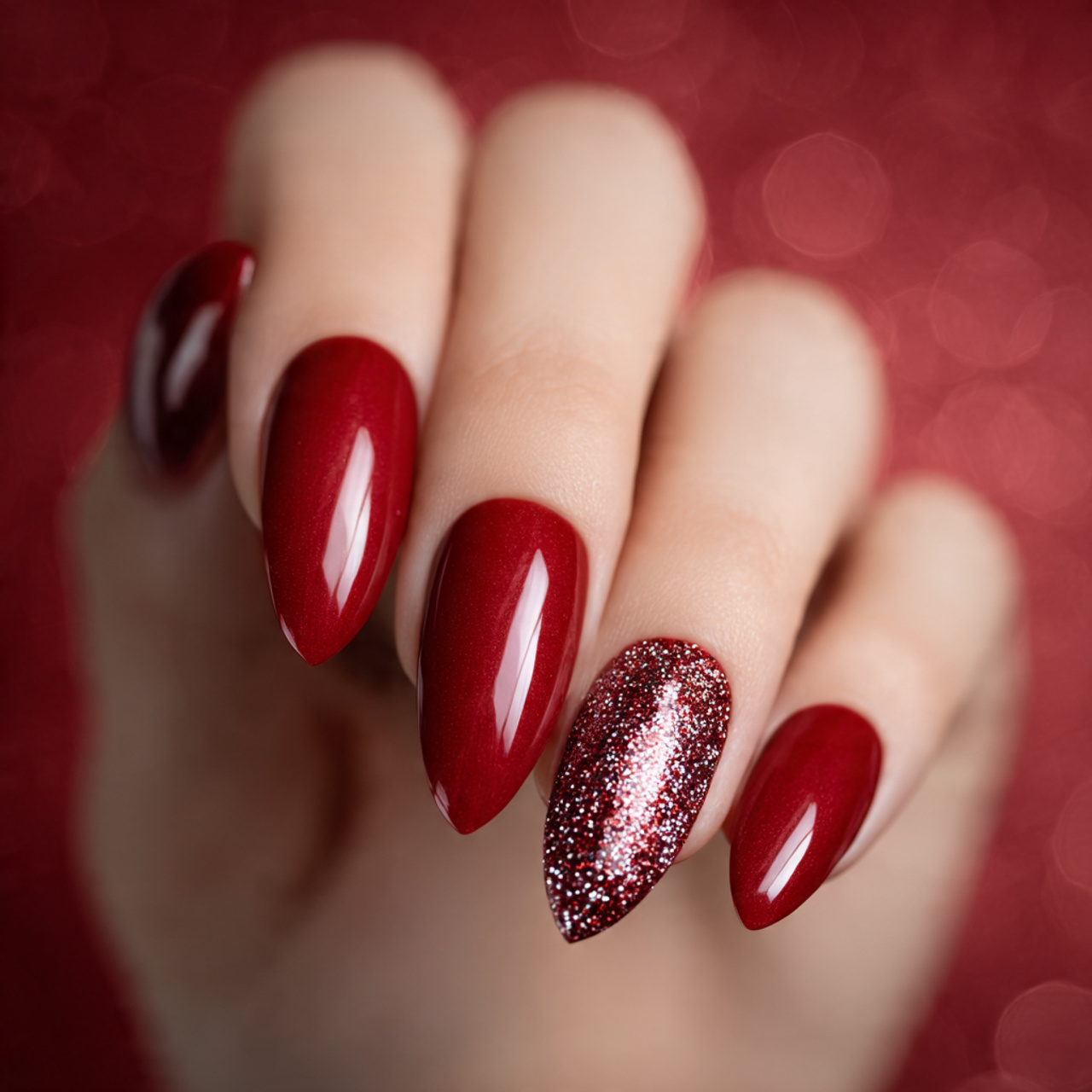 Red Almond Nails with Glitter