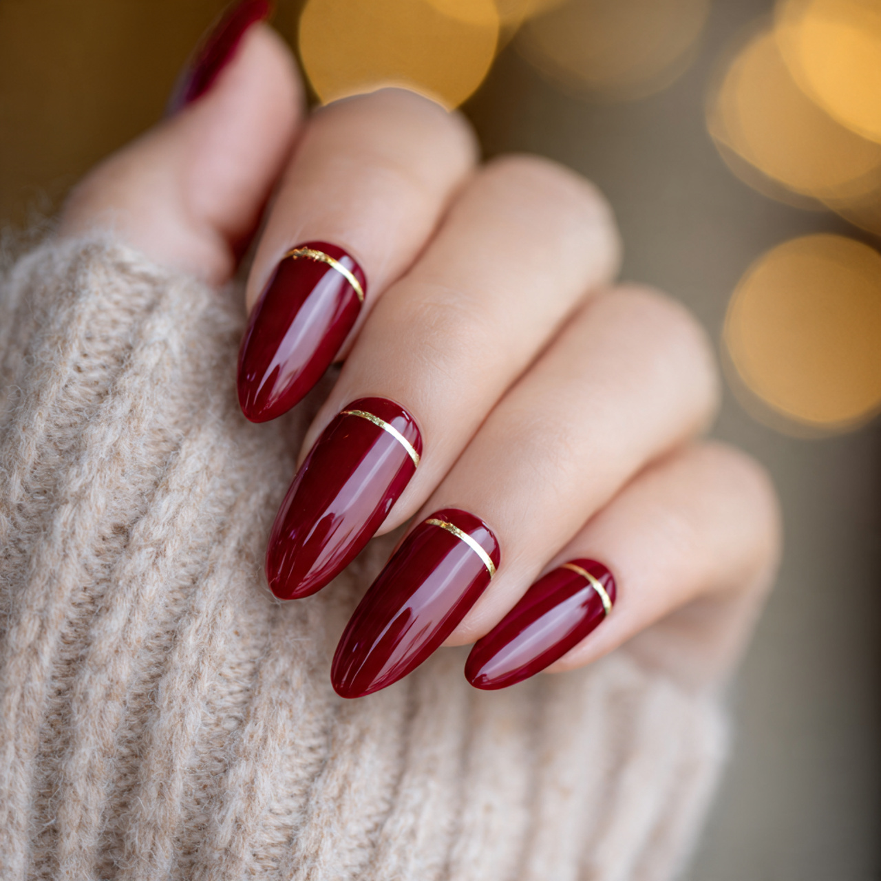 Red Almond Nails with Gold Accents