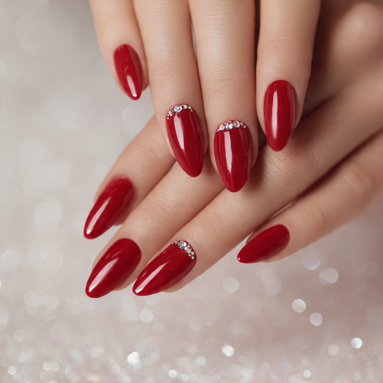 Red Almond Nails with Rhinestones