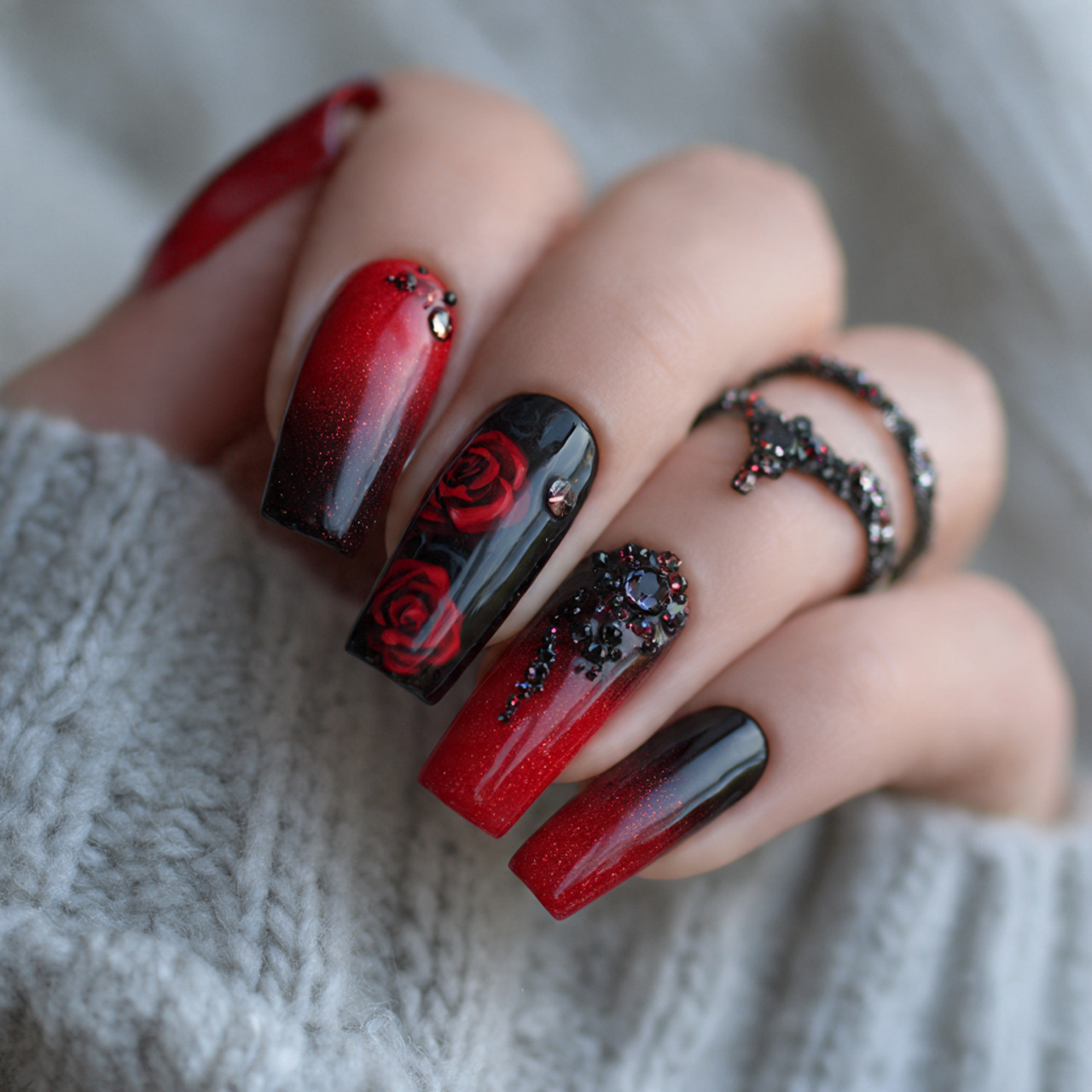 Red Prom Nails: 15 Stunning Ideas for a Glam Night Look 6 Red and Black Prom Nails