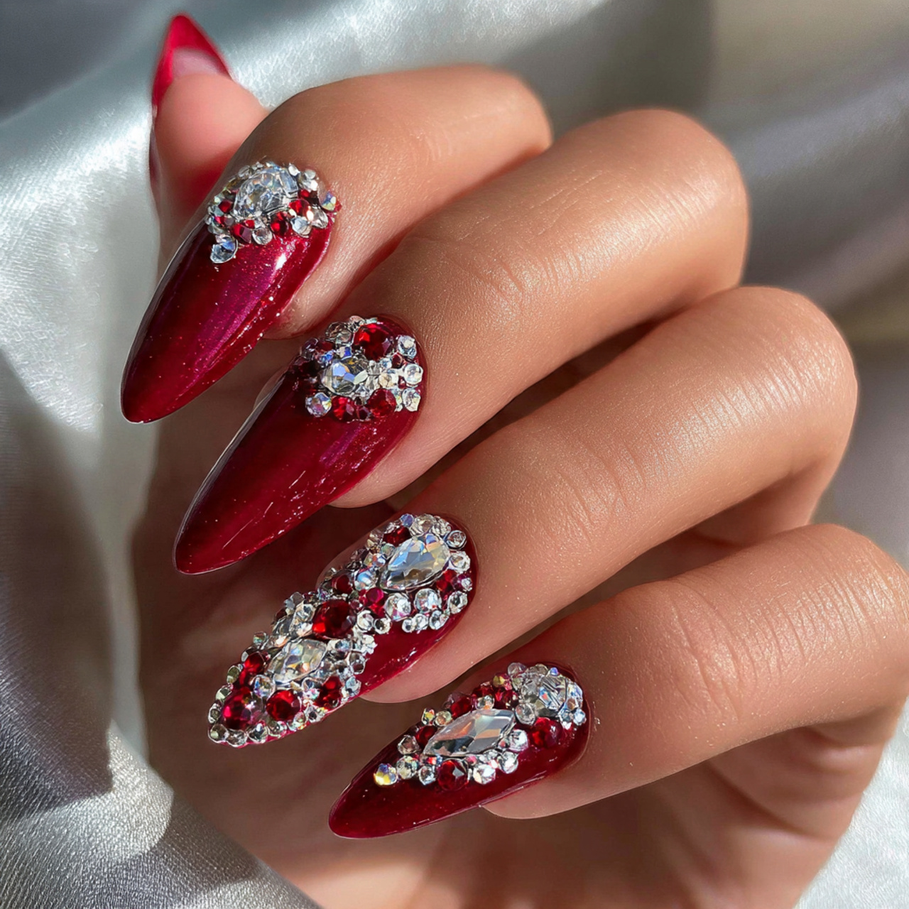 Red Prom Nails: 15 Stunning Ideas for a Glam Night Look 4 Red Prom Nails with Rhinestones & Gems