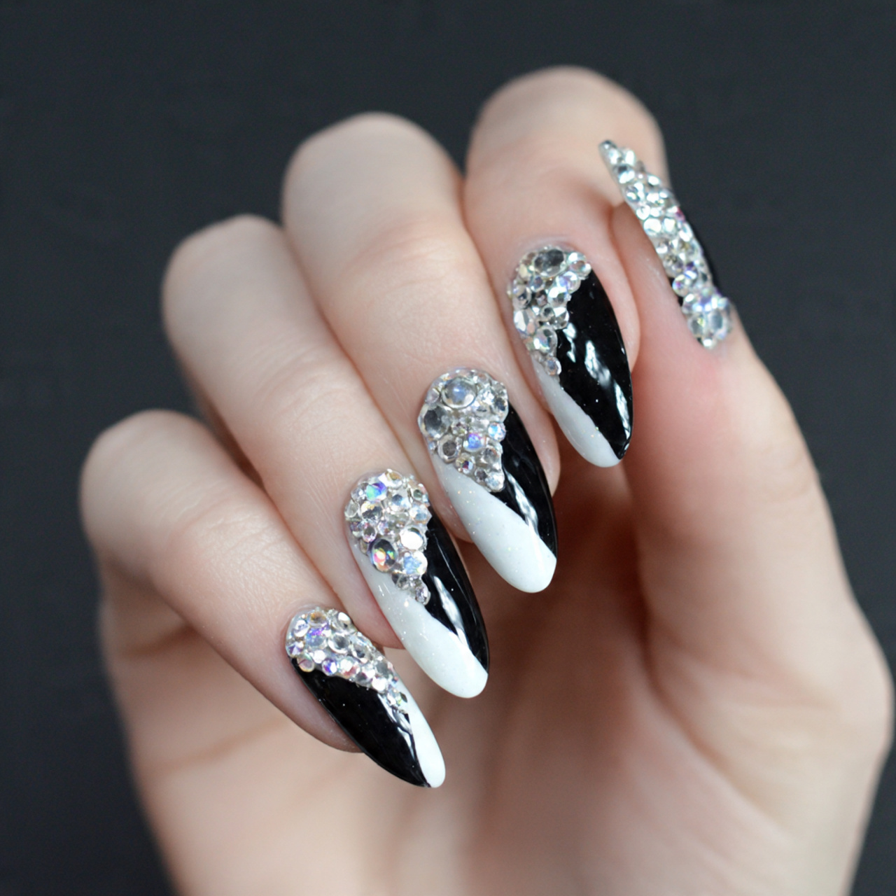 Rhinestone Black And White Nails