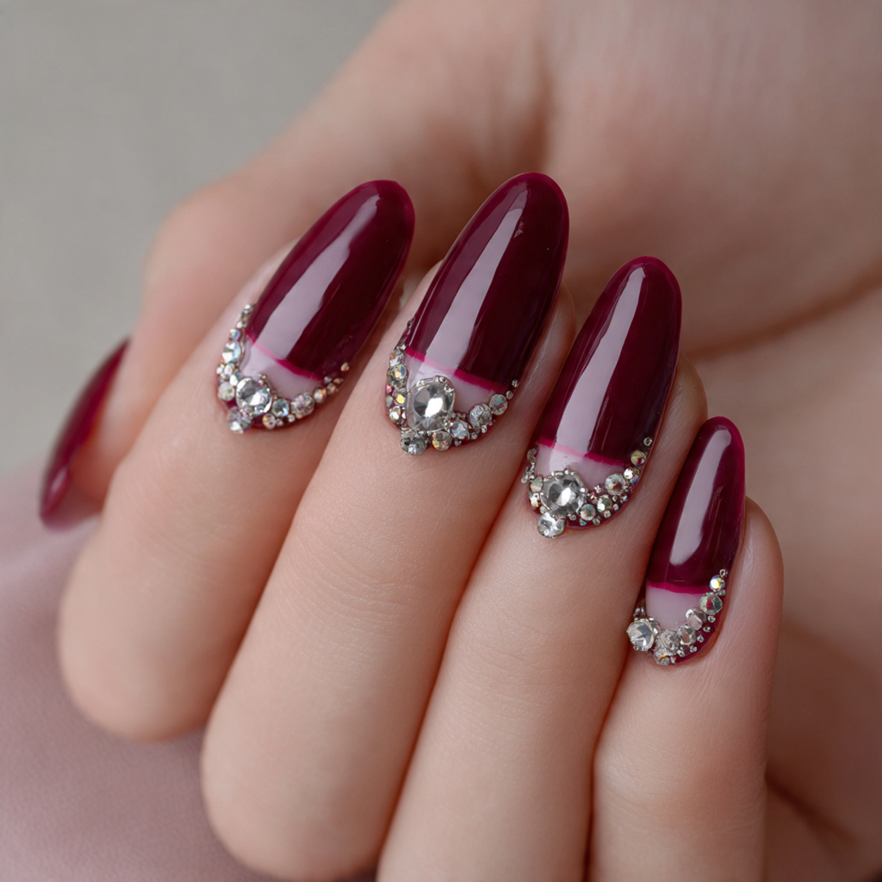 Burgundy French Tip Nails: 18 Classy, Bold & Must-Try Styles 12 Rhinestone Burgundy French Tip Nails