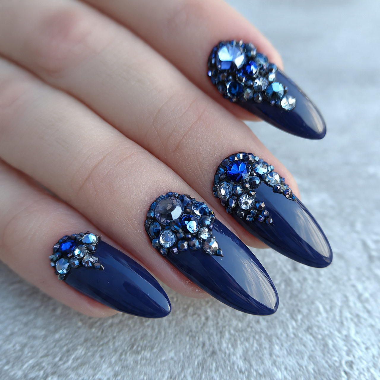 Rhinestone Dark Blue Nails