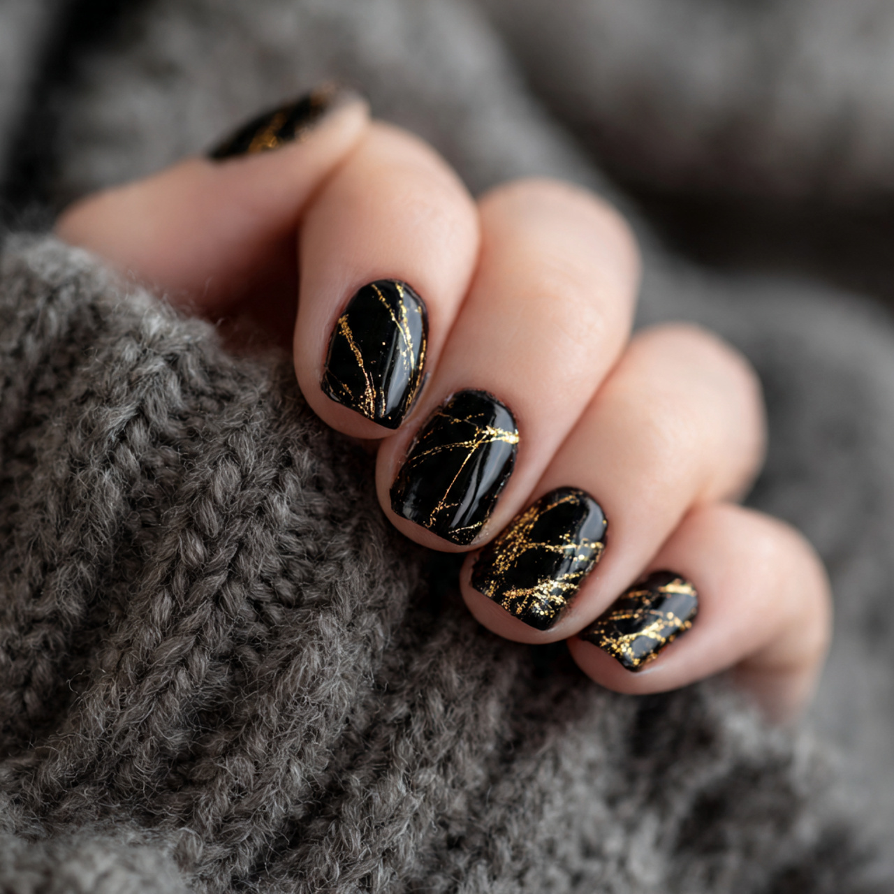 Short Black And Gold Nails