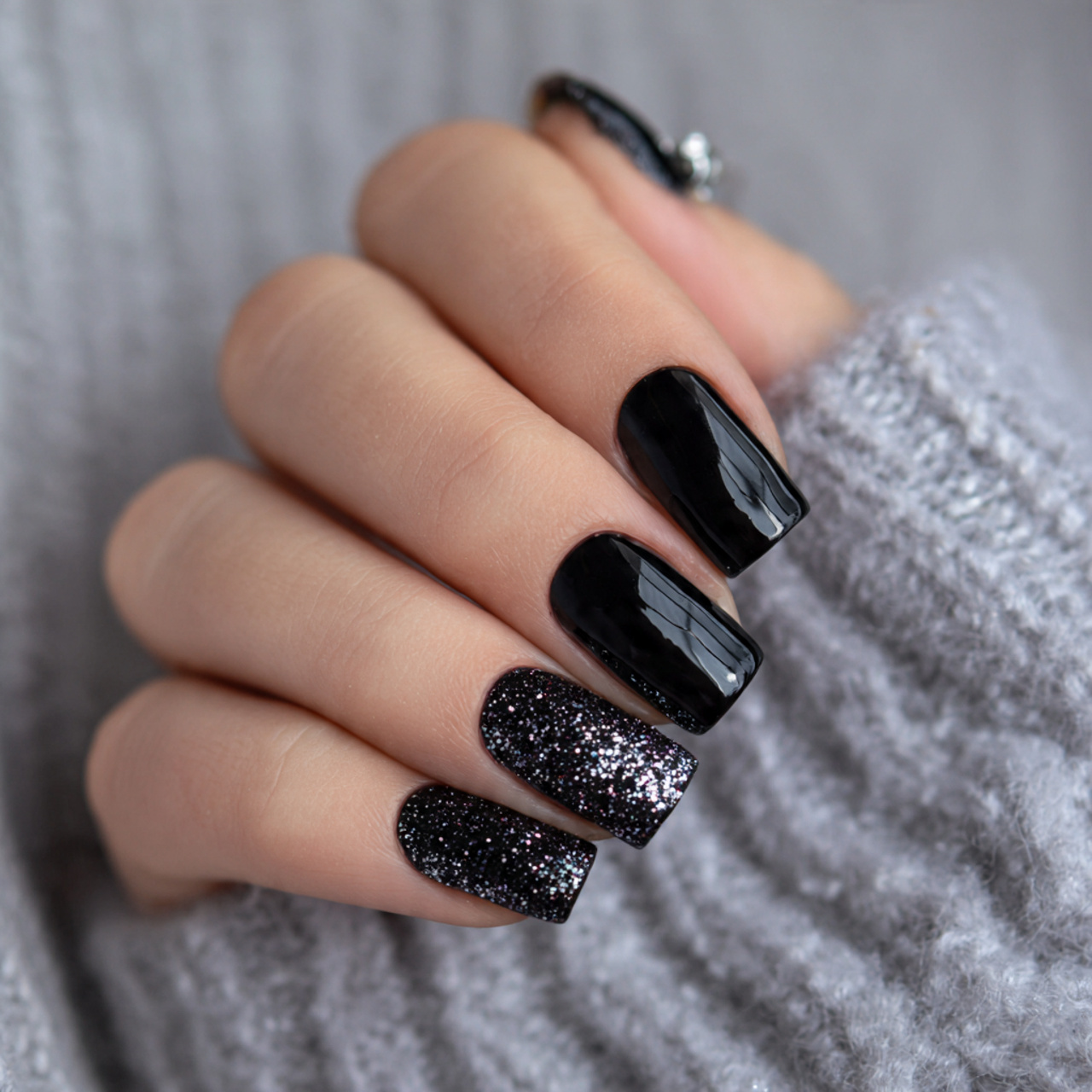 Short Black Nails: 15 Chic Designs You’ll Absolutely Love 4 Short Black Nails with Glitter