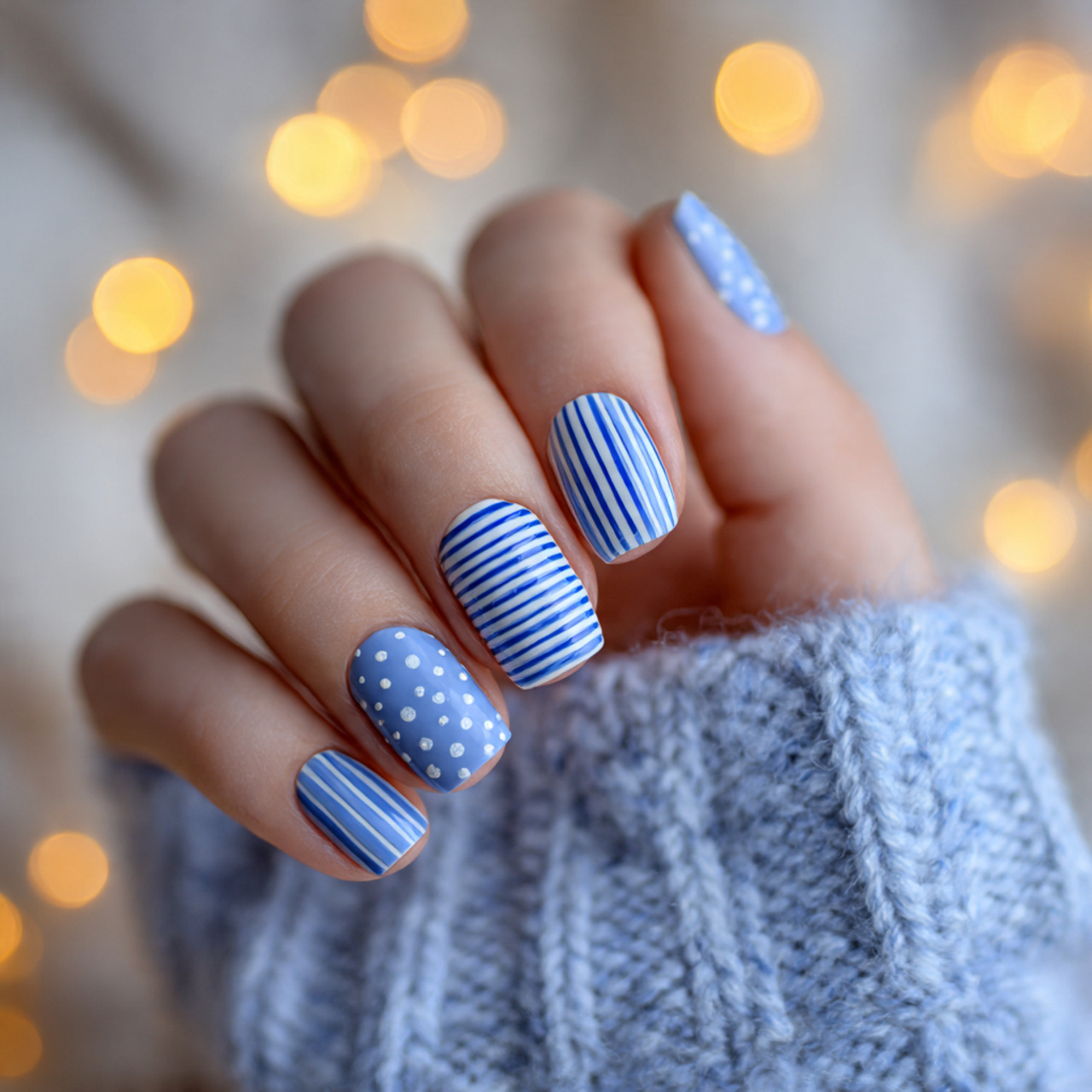 Short Blue And White Nails