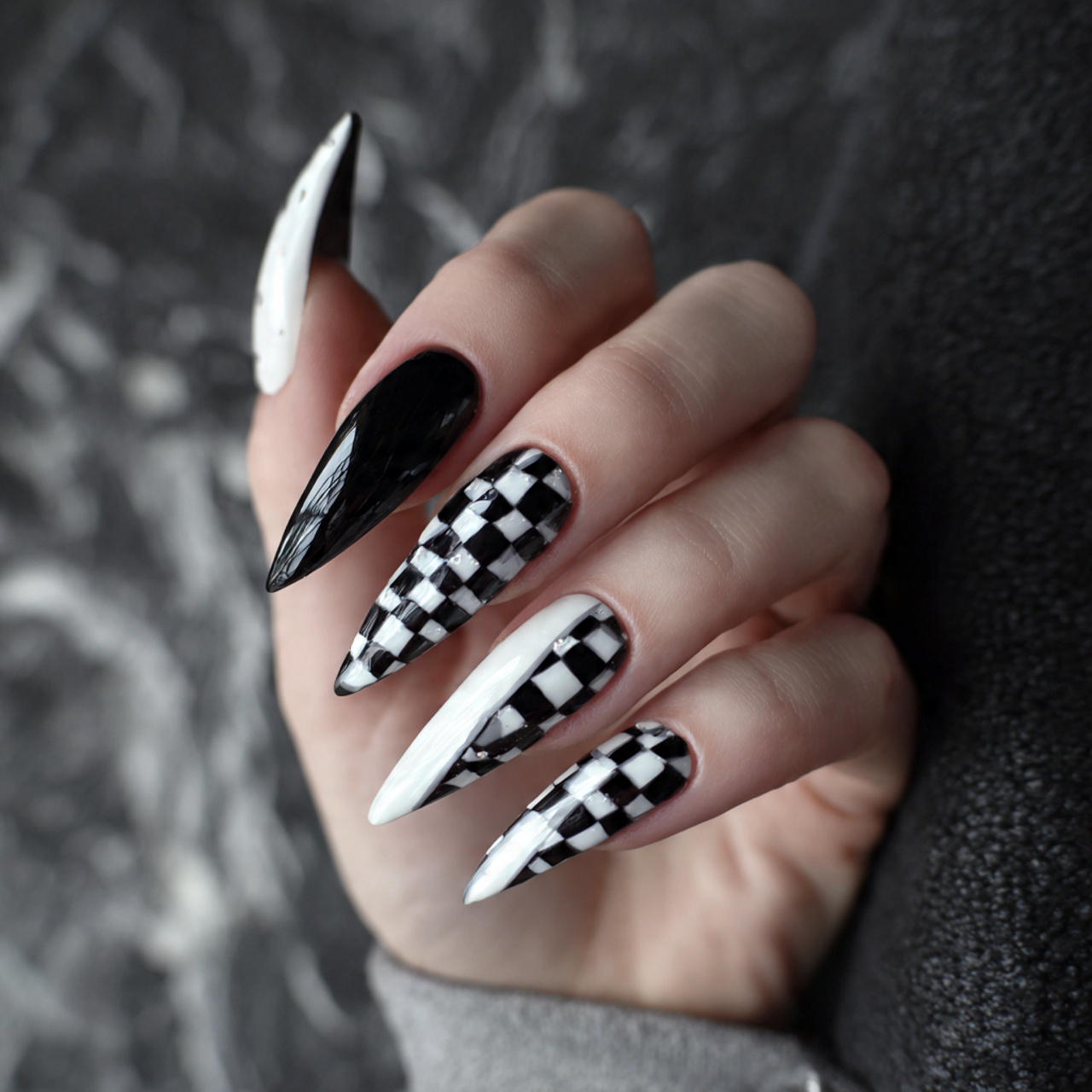 Stiletto Black And White Nails