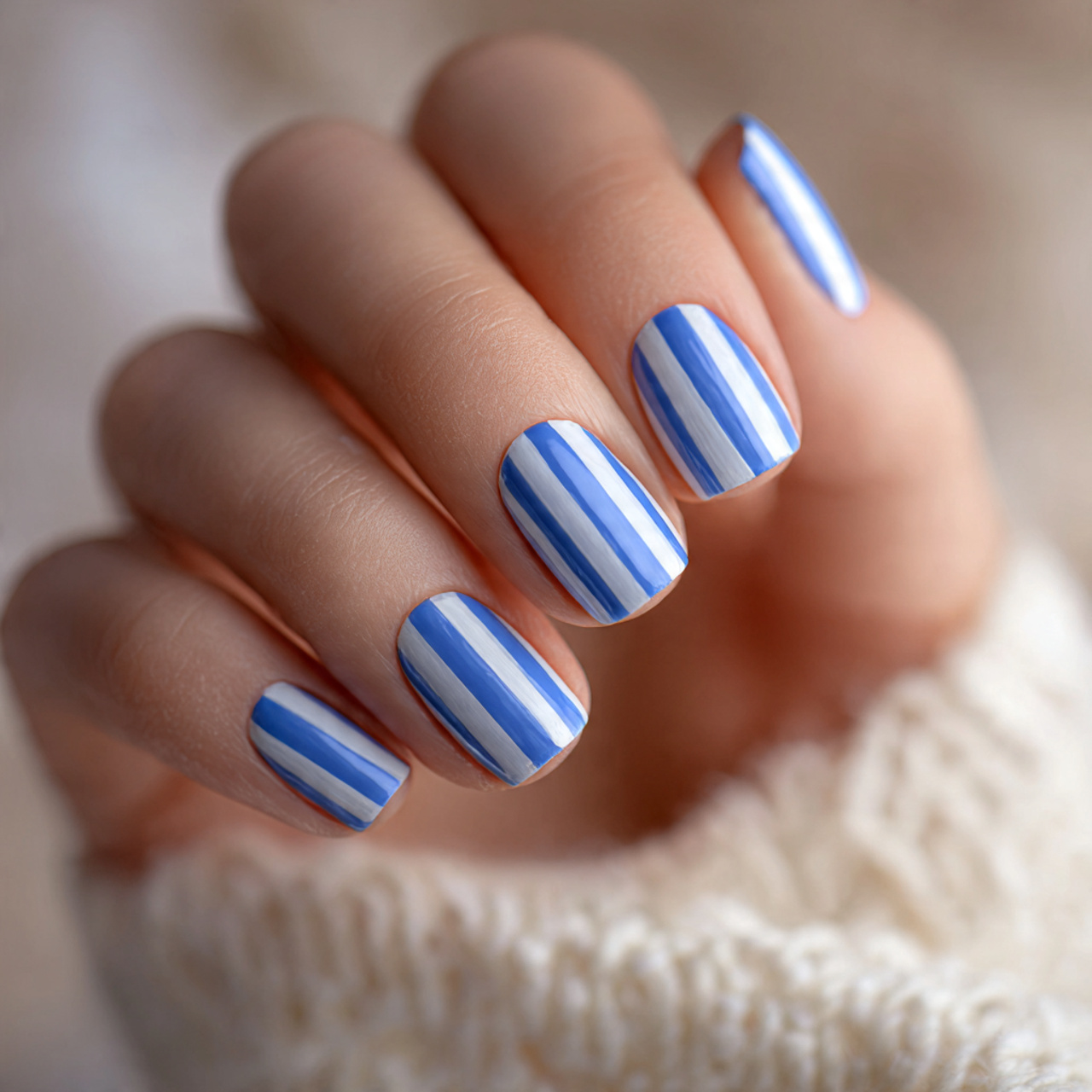 Striped Blue And White Nails