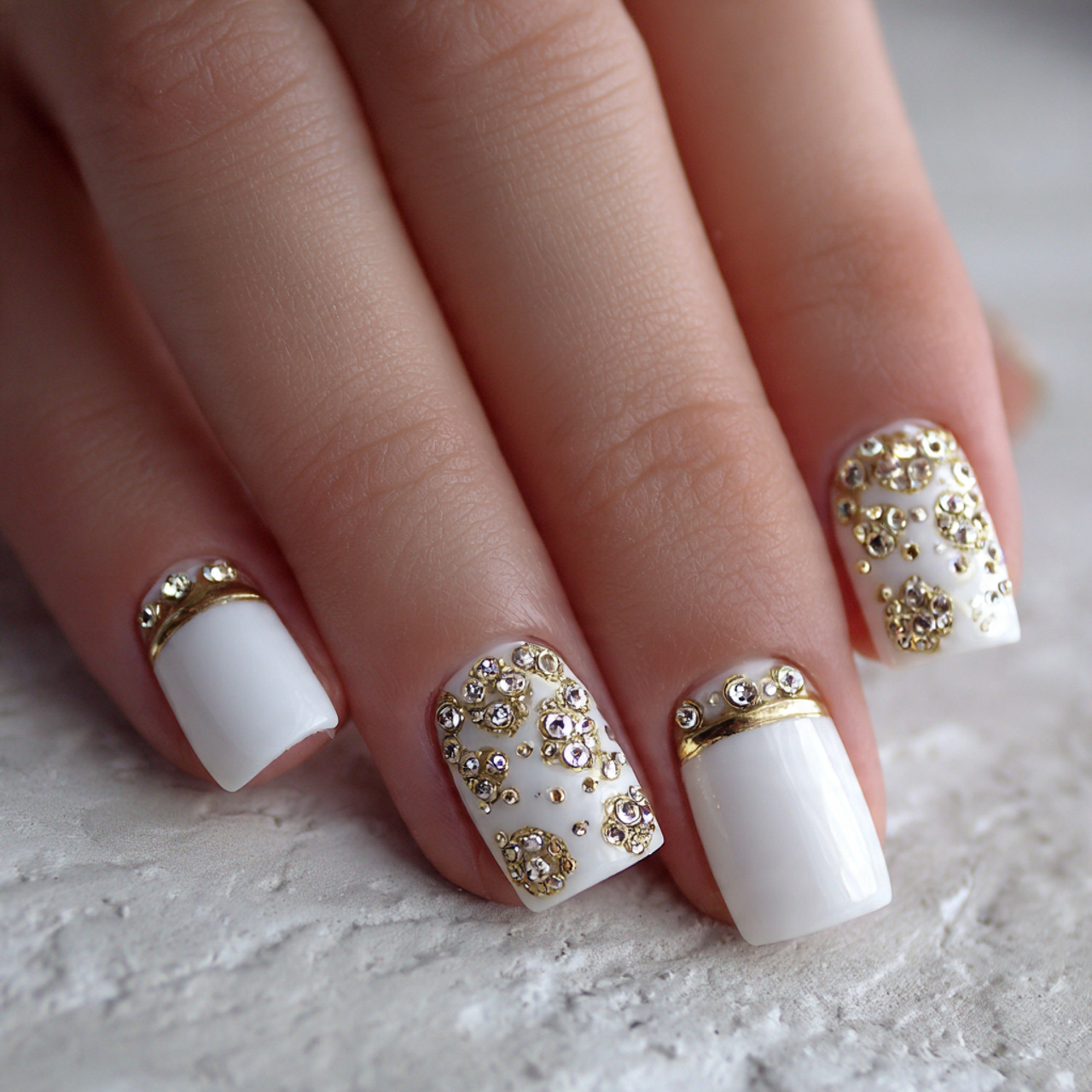 White and Gold Nails: 17 Chic Designs You’ll Love 11 White And Gold Nail Art with Rhinestones