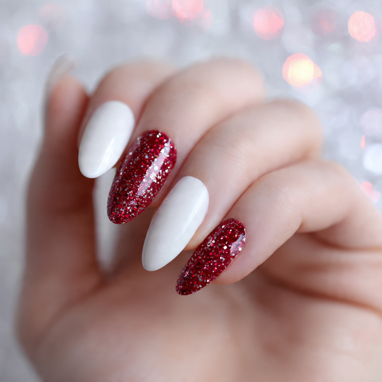 White and Red Glitter Nails
