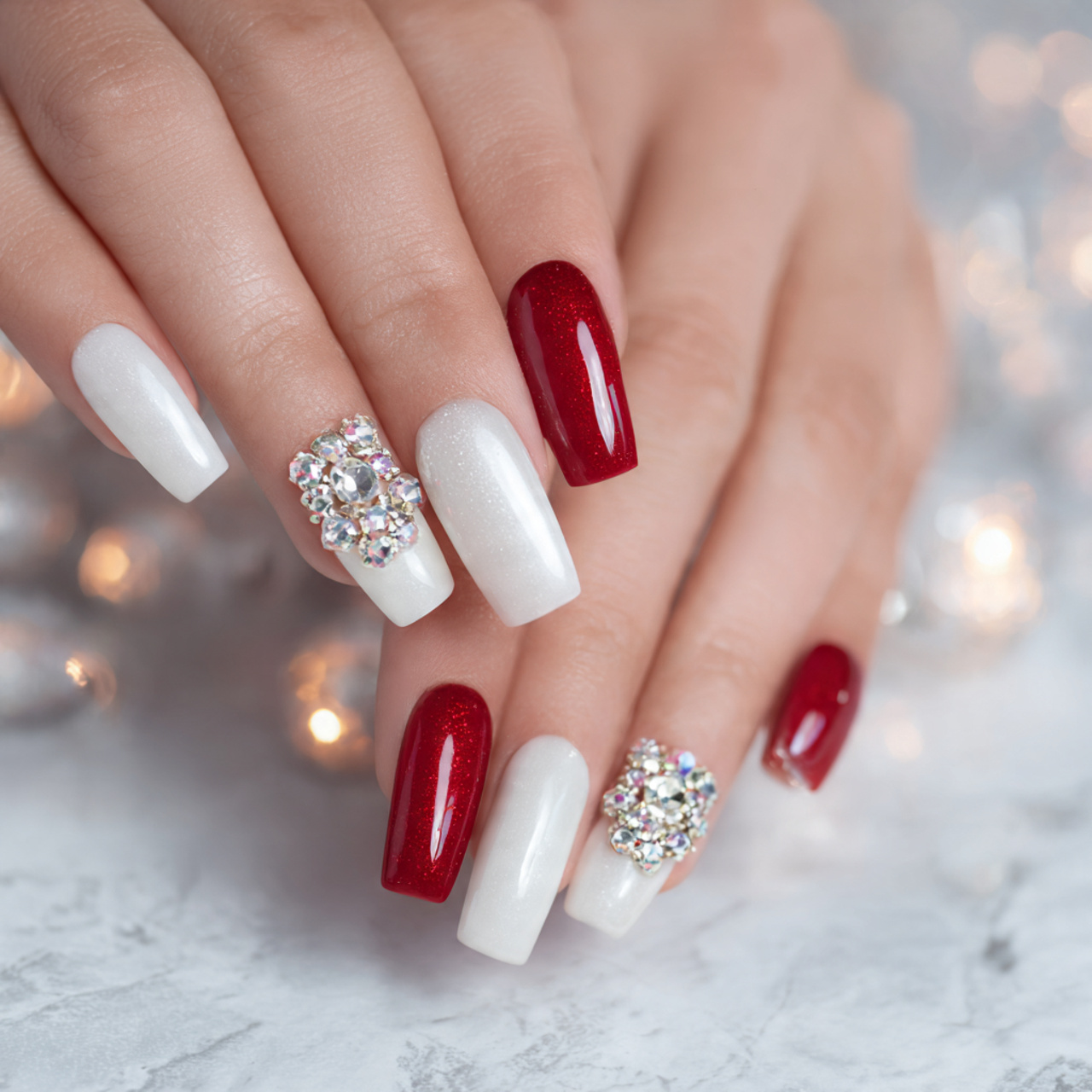 White and Red Rhinestone Nails